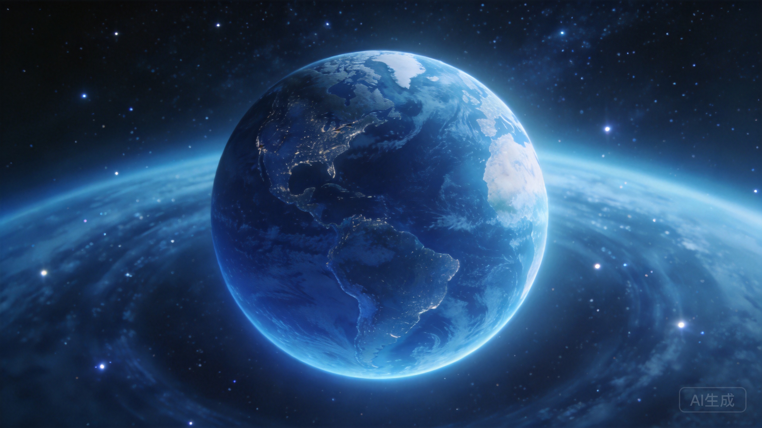 创作信息：超清全景3D立体蓝色地球，悬浮浩瀚宇宙深空背景，细腻大陆海洋纹理，柔和大气层光晕...