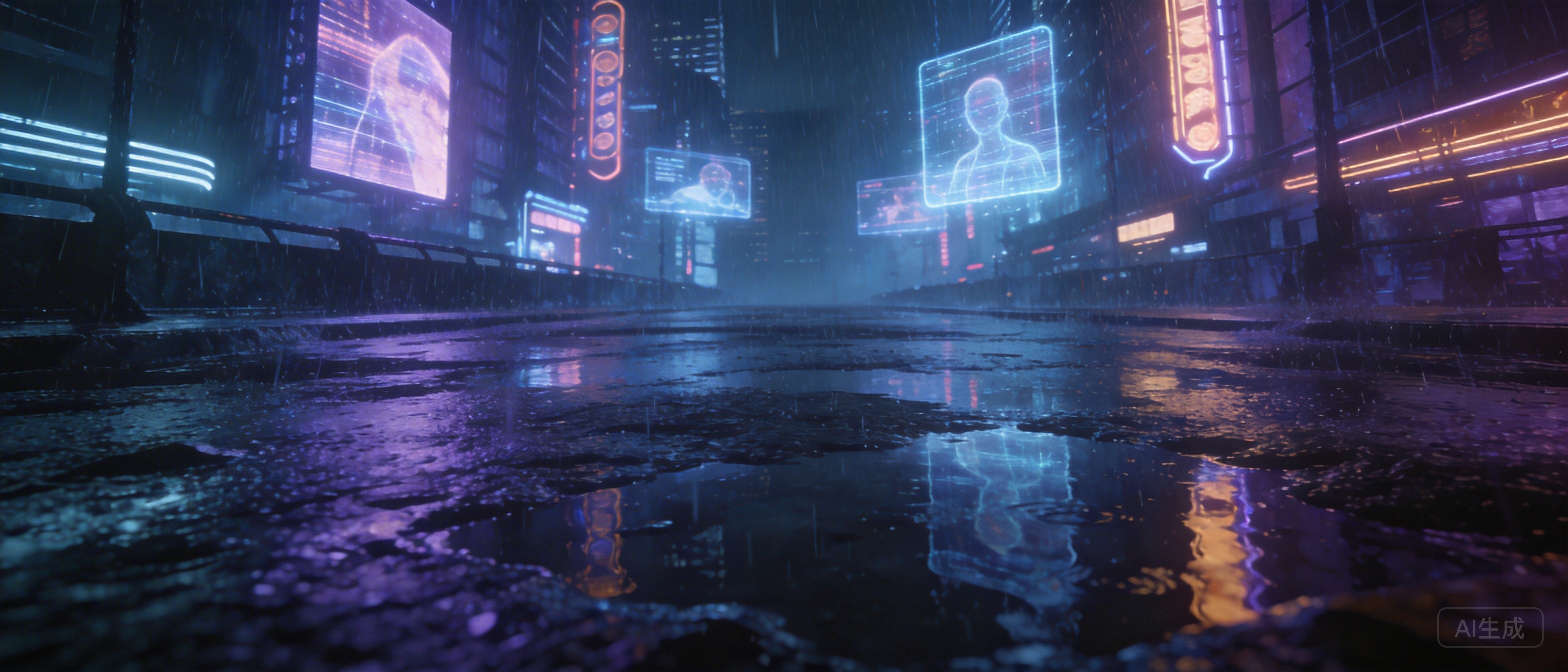 创作信息：赛博朋克城市夜景，雨天，霓虹灯牌，全息投影广告，潮湿的地面反射灯光，电影质感，超...