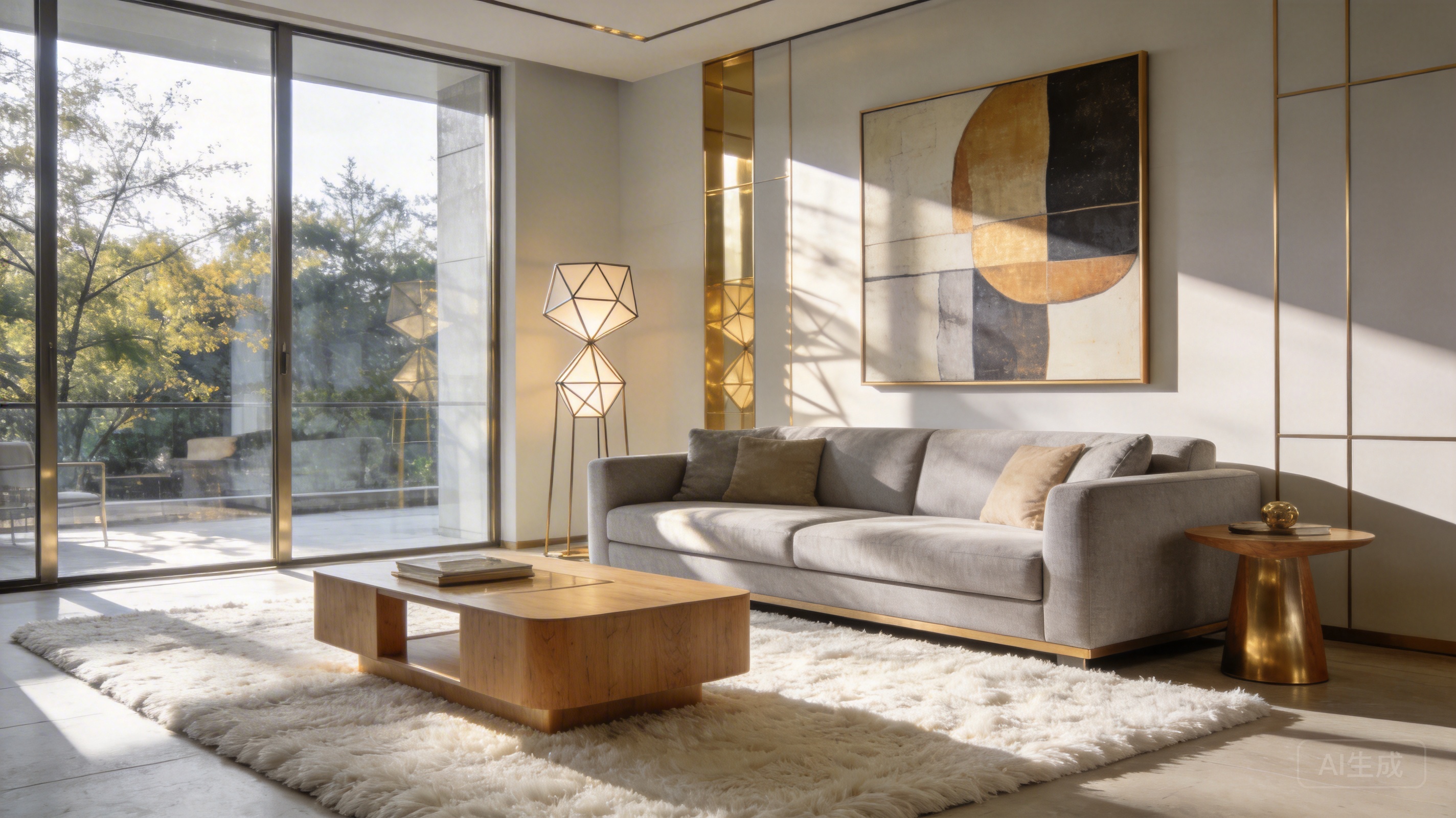 创作信息：豪华现代简约风客厅，落地窗，阳光洒进来，软装搭配，室内设计效果图，4k超高清