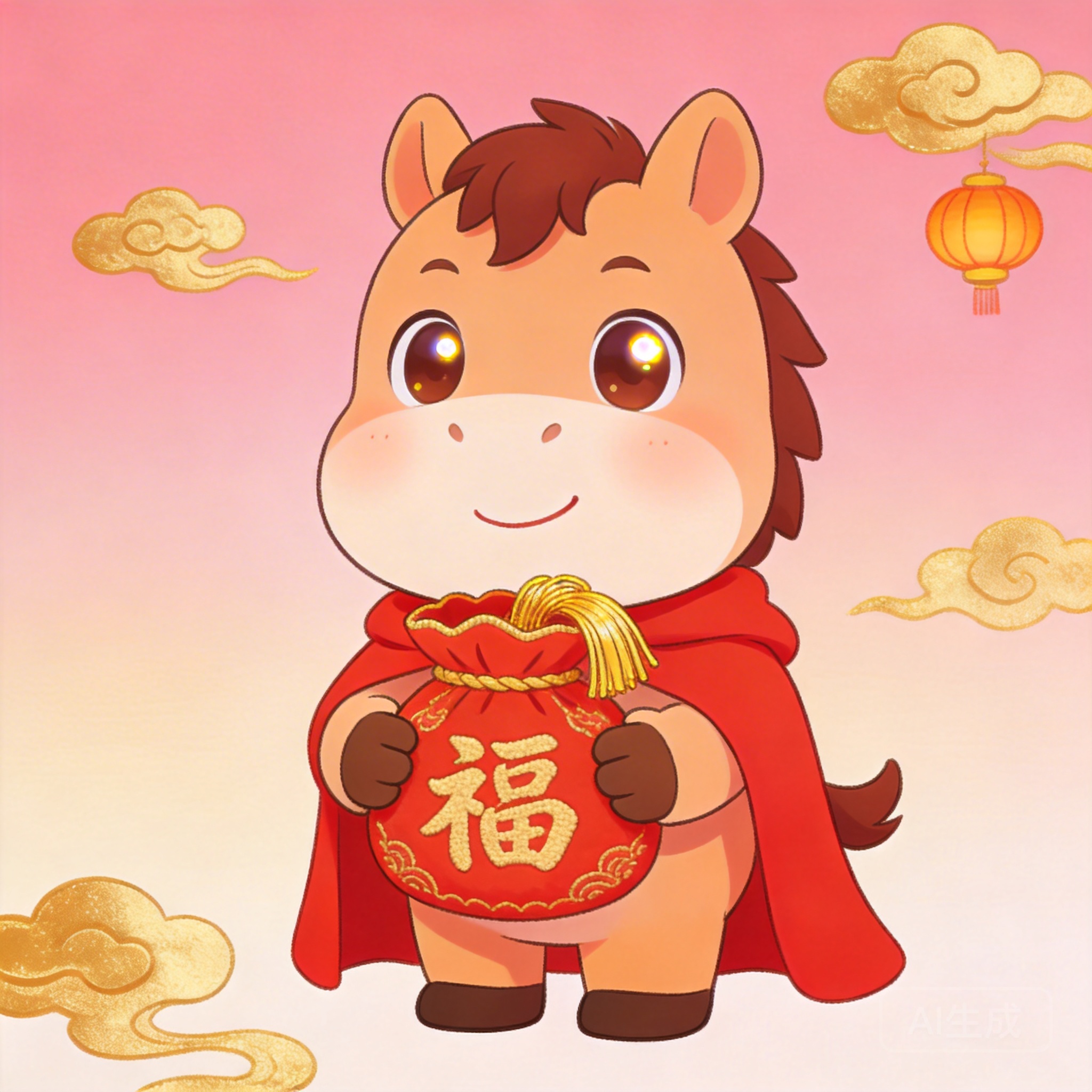 卡通可爱福马拜年，红色披风，手持福袋，萌系插画，朋友圈配图国潮风马年神兽，霸气威武，红金配色，传统纹样，高清插画 2