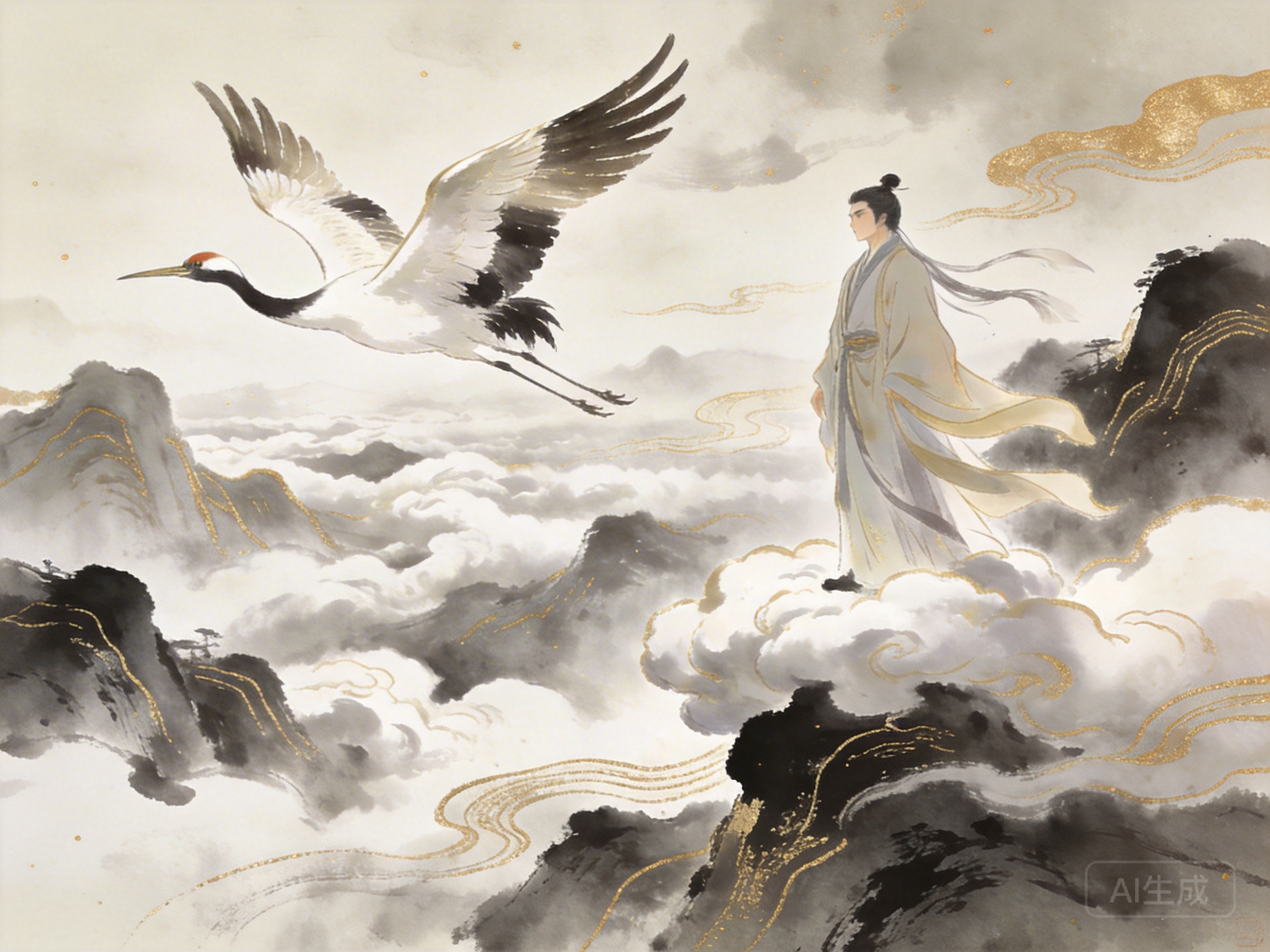 创作信息：古风仙侠世界，云海，仙鹤，飘逸的长袍男子，水墨山水背景，国潮插画，金色线条点缀